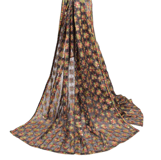 Sushila Vintage Bagh Phulkari Dupatta Art Chiffon Black Embroidered Long Stole