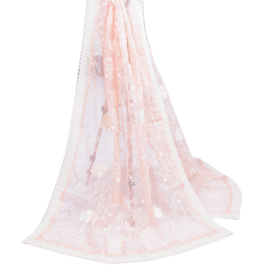 Sushila Vintage Pink Art Silk Dupatta Embroidered with Crochet Border Long Stole