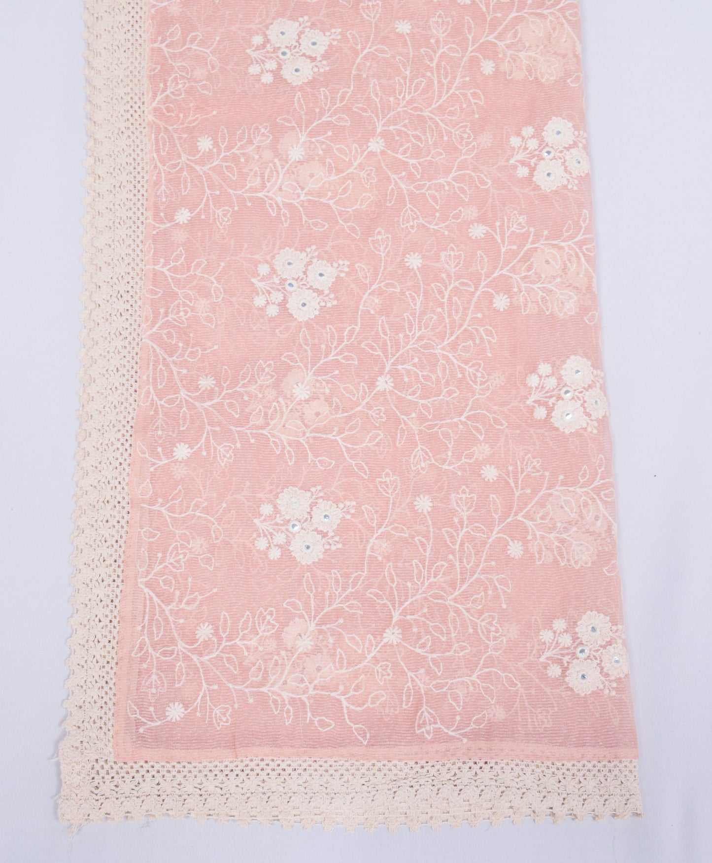 Sushila Vintage Pink Art Silk Dupatta Embroidered with Crochet Border Long Stole