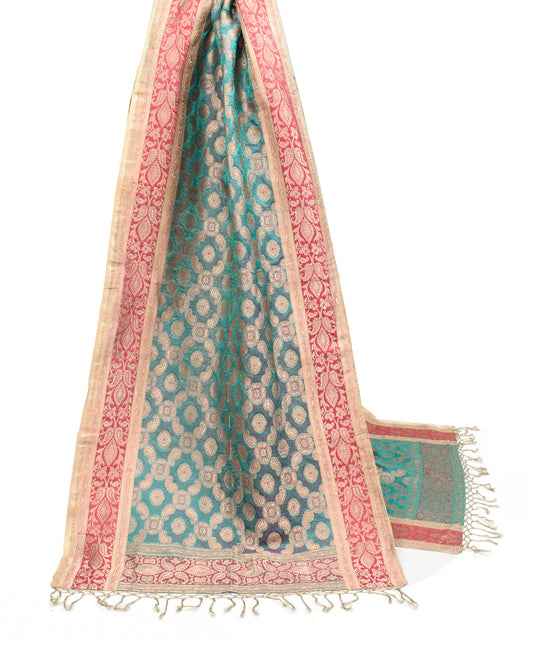 Sushila Vintage Banarasi Zari Browsed Dupatta Pure Satin Teal Green Long Stole