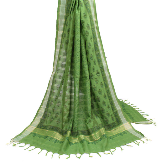Sushila Vintage Green Floral Dupatta Hand Block Printed Pure Cotton Long Stole