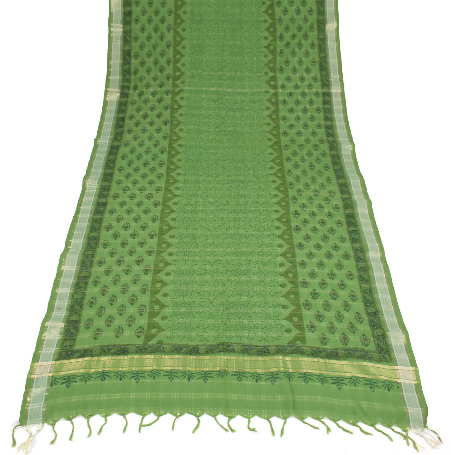 Sushila Vintage Green Floral Dupatta Hand Block Printed Pure Cotton Long Stole