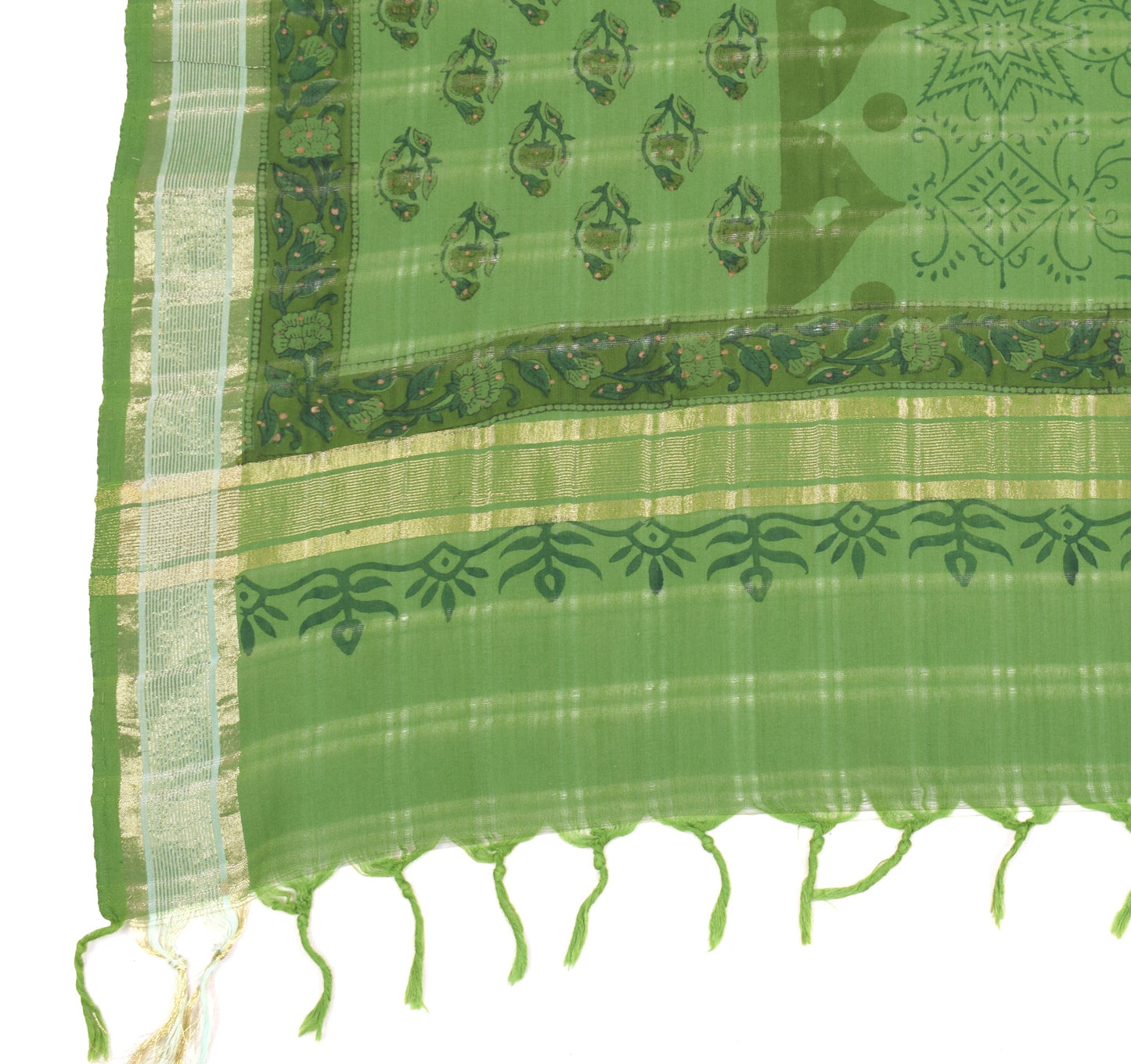 Sushila Vintage Green Floral Dupatta Hand Block Printed Pure Cotton Long Stole