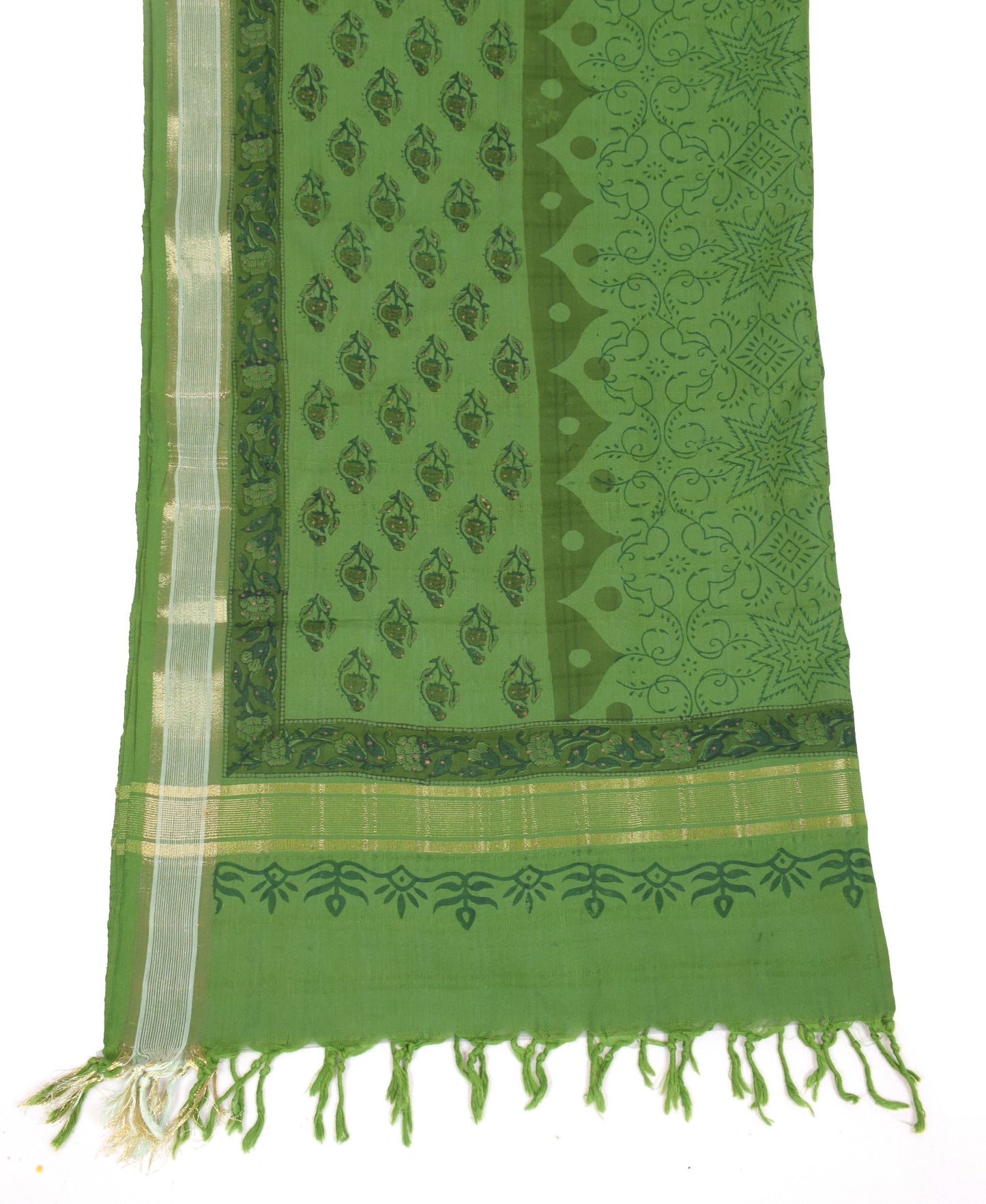 Sushila Vintage Green Floral Dupatta Hand Block Printed Pure Cotton Long Stole