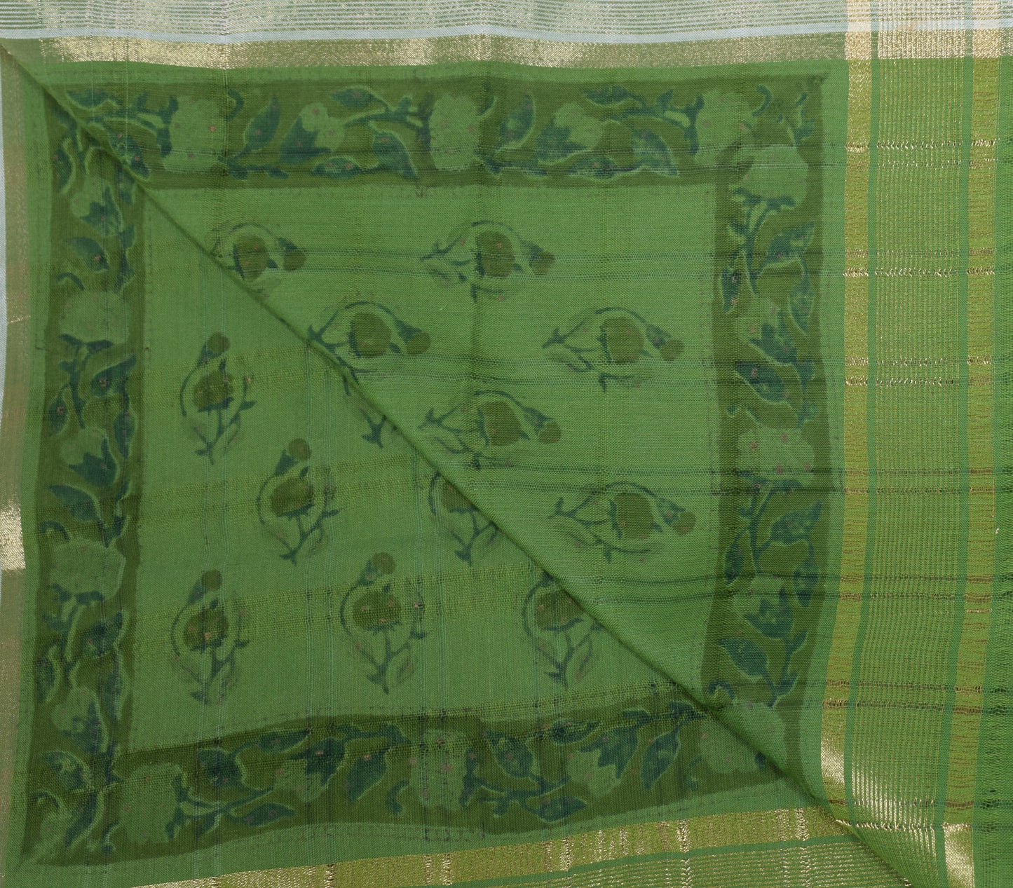 Sushila Vintage Green Floral Dupatta Hand Block Printed Pure Cotton Long Stole