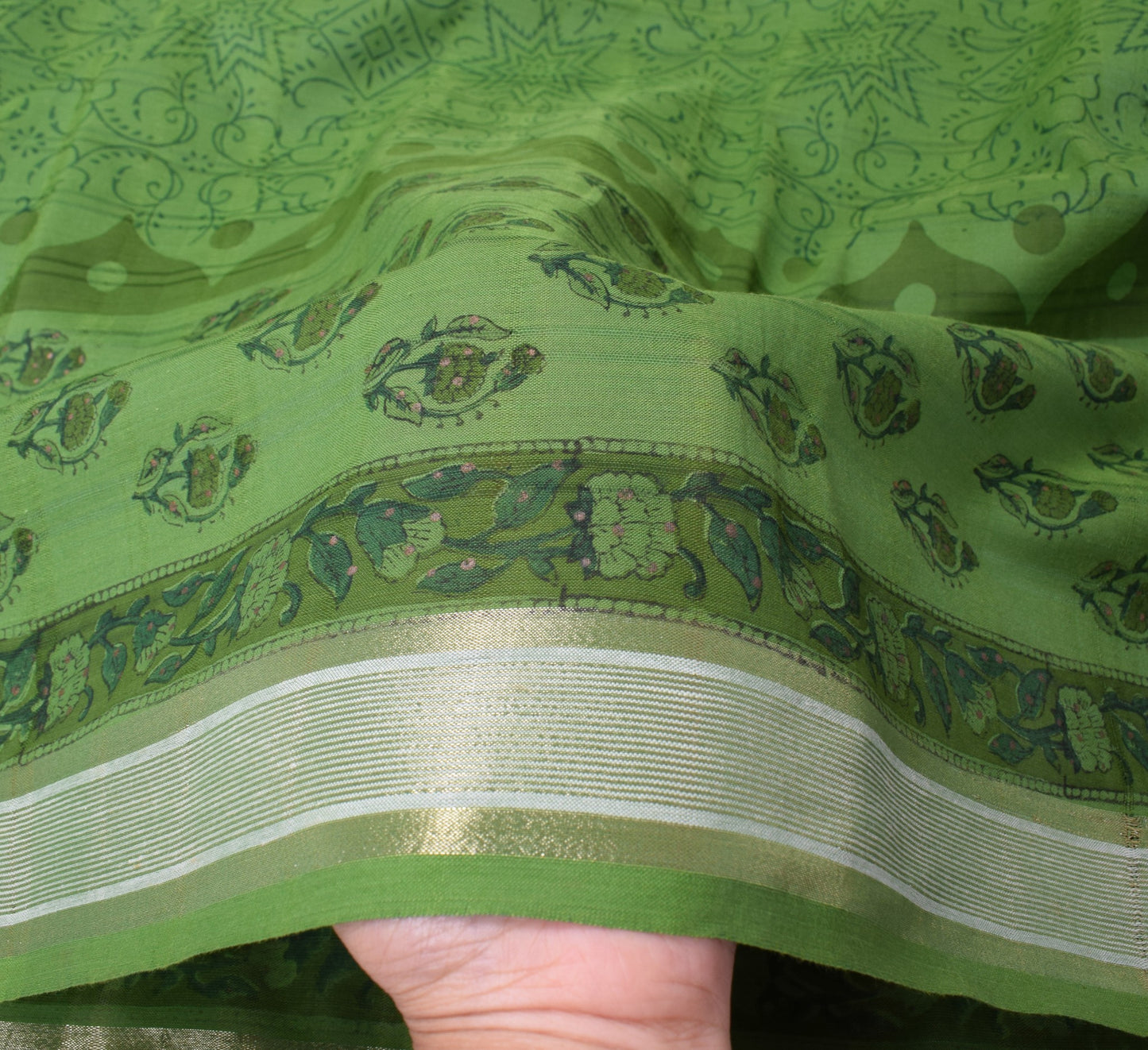 Sushila Vintage Green Floral Dupatta Hand Block Printed Pure Cotton Long Stole