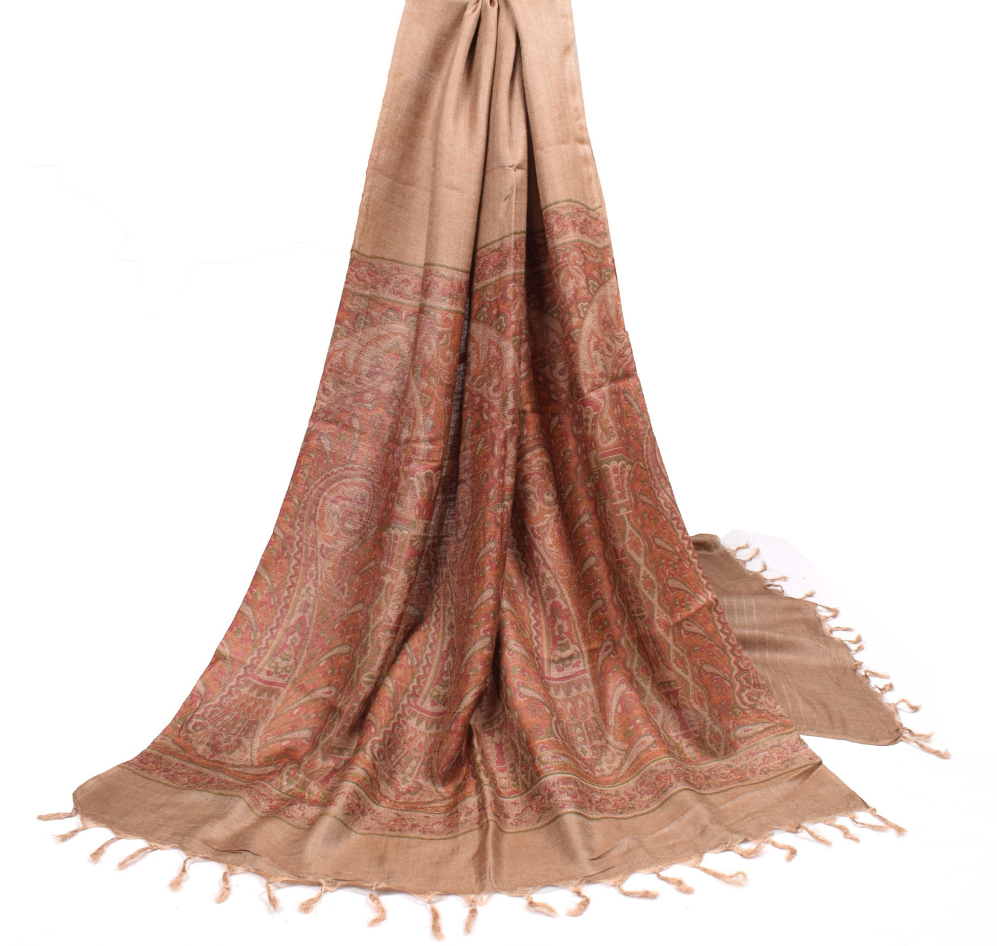 Sushila Vintage Pure Woolen Dupatta Printed Paisley Brown Soft Shawl Long Stole