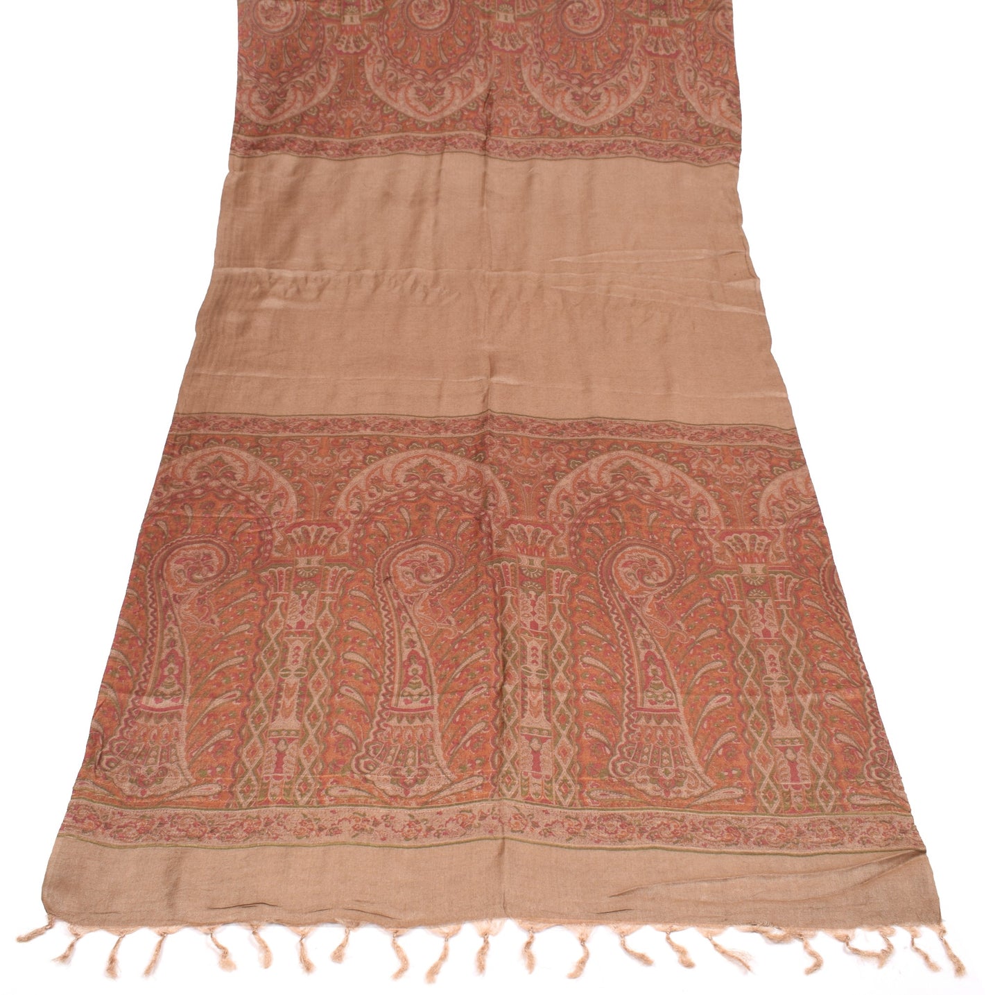 Sushila Vintage Pure Woolen Dupatta Printed Paisley Brown Soft Shawl Long Stole