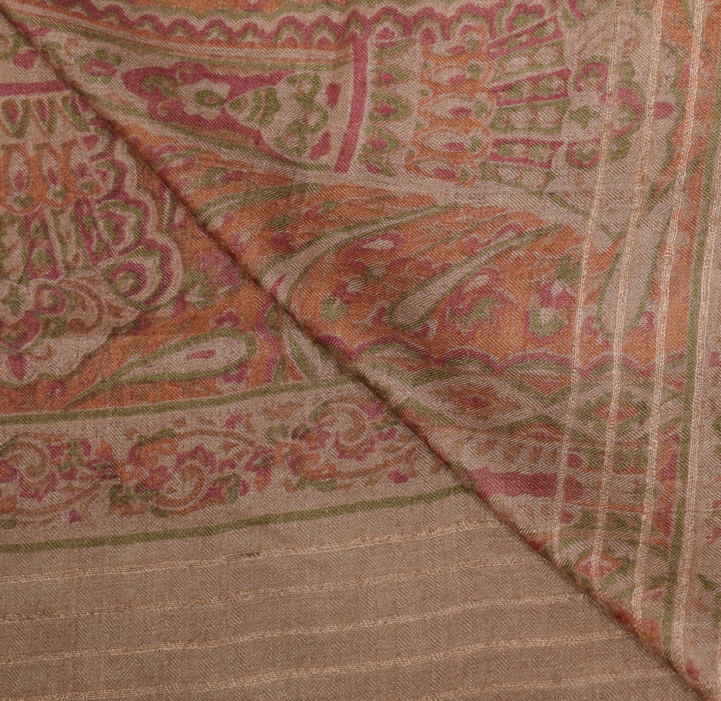 Sushila Vintage Pure Woolen Dupatta Printed Paisley Brown Soft Shawl Long Stole