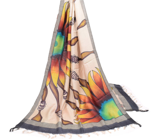 Sushila Vintage Floral Hand Printed Dupatta Light Brown Pure Woolen Long Stole