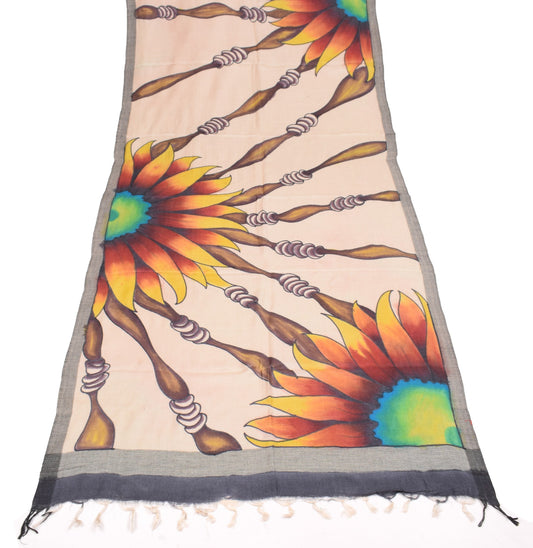 Sushila Vintage Floral Hand Printed Dupatta Light Brown Pure Woolen Long Stole