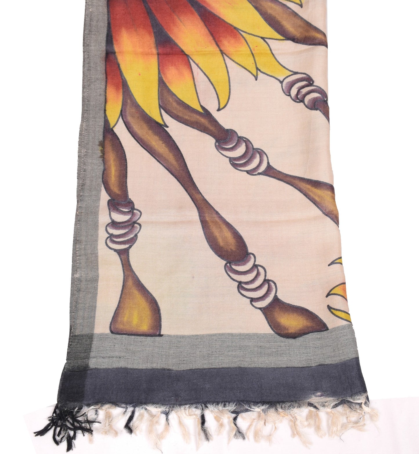 Sushila Vintage Floral Hand Printed Dupatta Light Brown Pure Woolen Long Stole