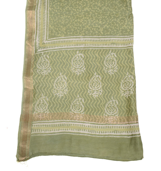 Sushila Vintage Green Handmade Dupatta Pure Cotton Silk Printed Soft Long Stole