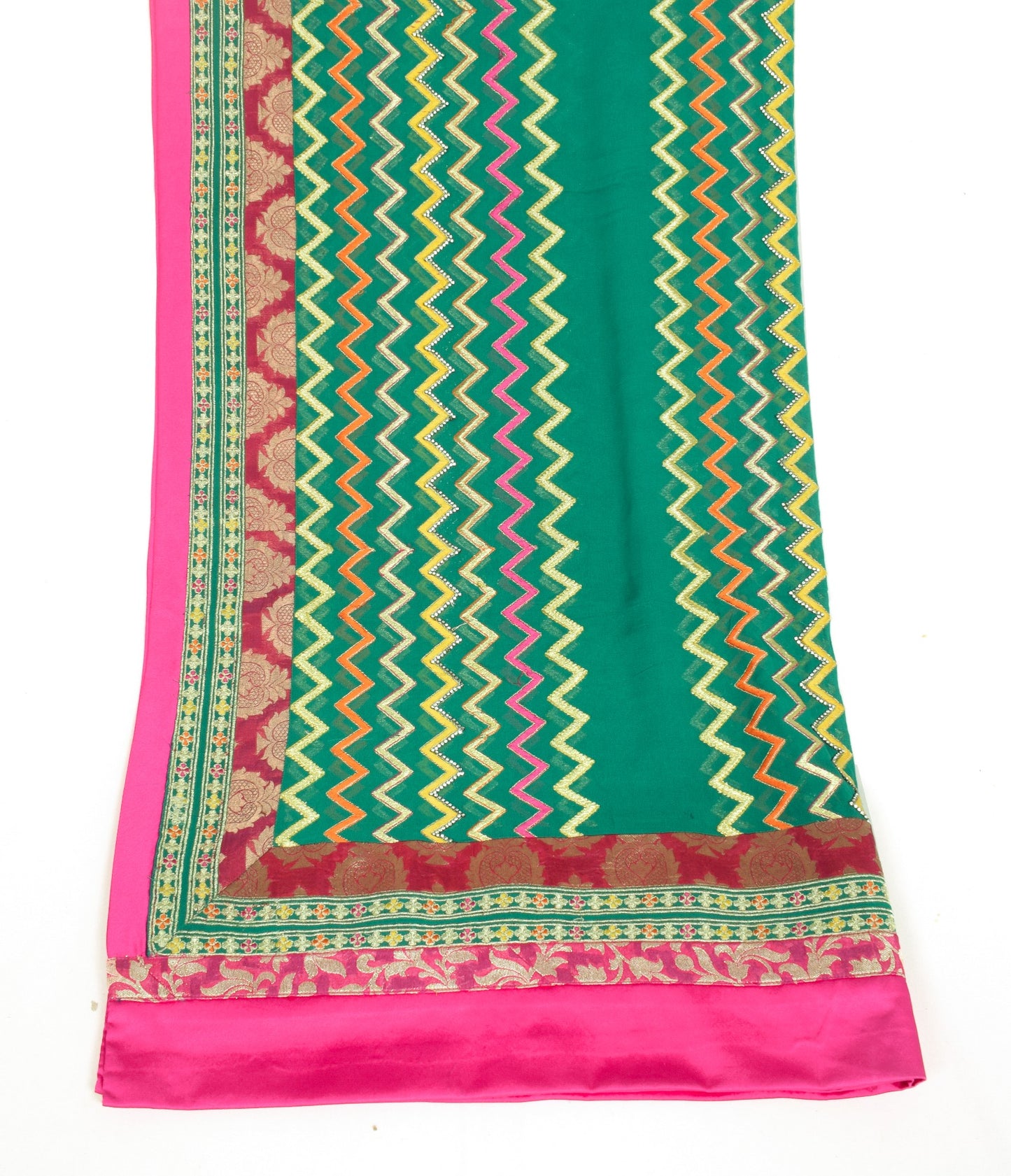 Sushila Vintage Green Embroidered Dupatta Patch Border Pure Georgette Long Stole