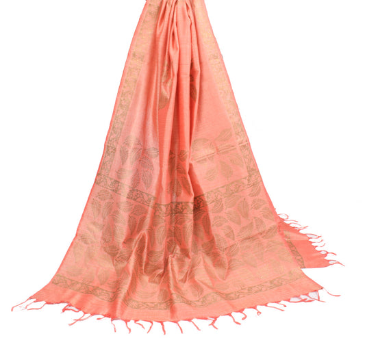 Sushila Vintage Peach Dupatta Pure Cotton Silk Leaves Print HandBlock Long Stole
