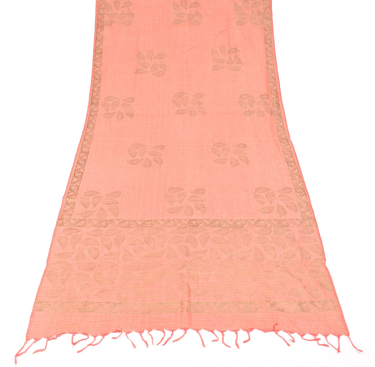 Sushila Vintage Peach Dupatta Pure Cotton Silk Leaves Print HandBlock Long Stole