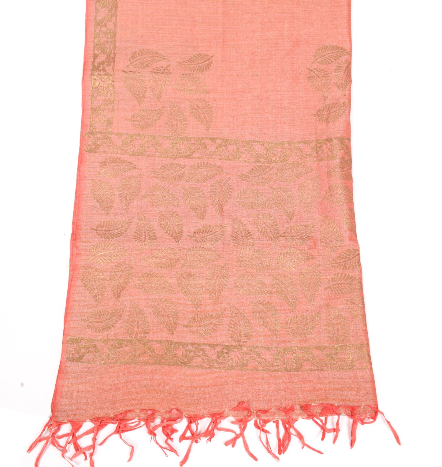 Sushila Vintage Peach Dupatta Pure Cotton Silk Leaves Print HandBlock Long Stole