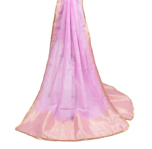 Sushila Vintage Lavender Dupatta Pure Silk Embroidered Gold Border Long Stole