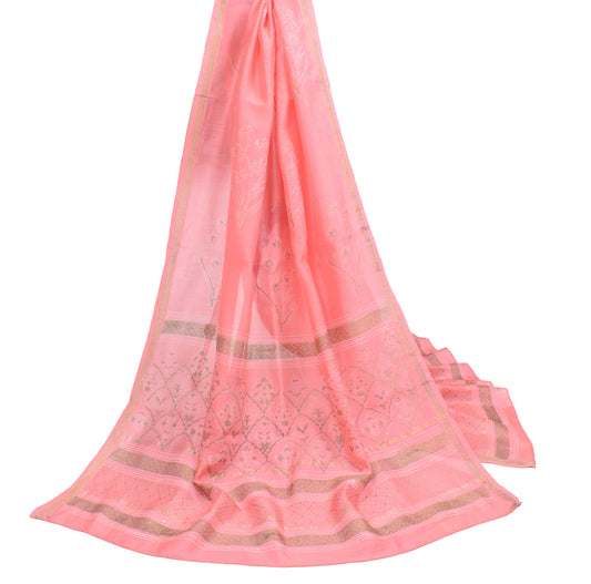 Sushila Vintage Floral Pink Dupatta Pure Cotton Silk Printed Handmade Long Stole