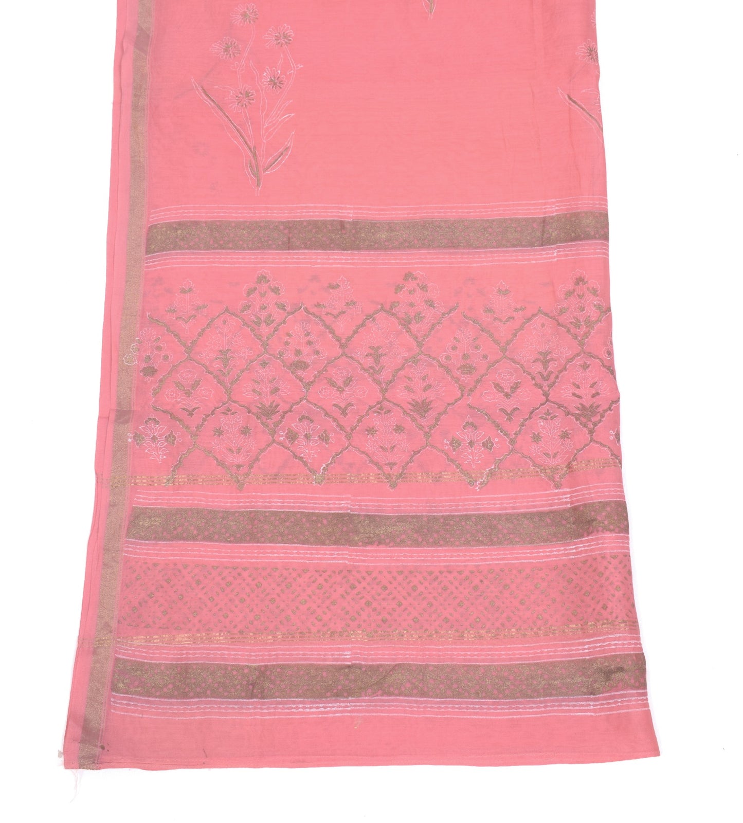 Sushila Vintage Floral Pink Dupatta Pure Cotton Silk Printed Handmade Long Stole