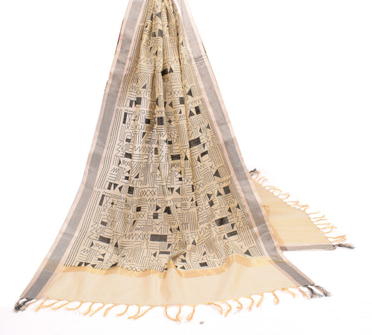 Sushila Vintage Cream Art Silk Dupatta Geometrical Embroidered Indian Long Stole