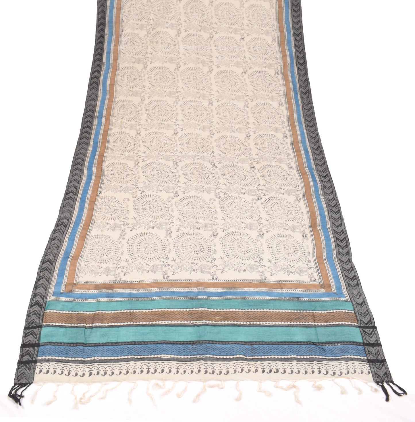 Sushila Vintage Cream Handmade Dupatta Warli Art Printed Pure Woolen Long Stole