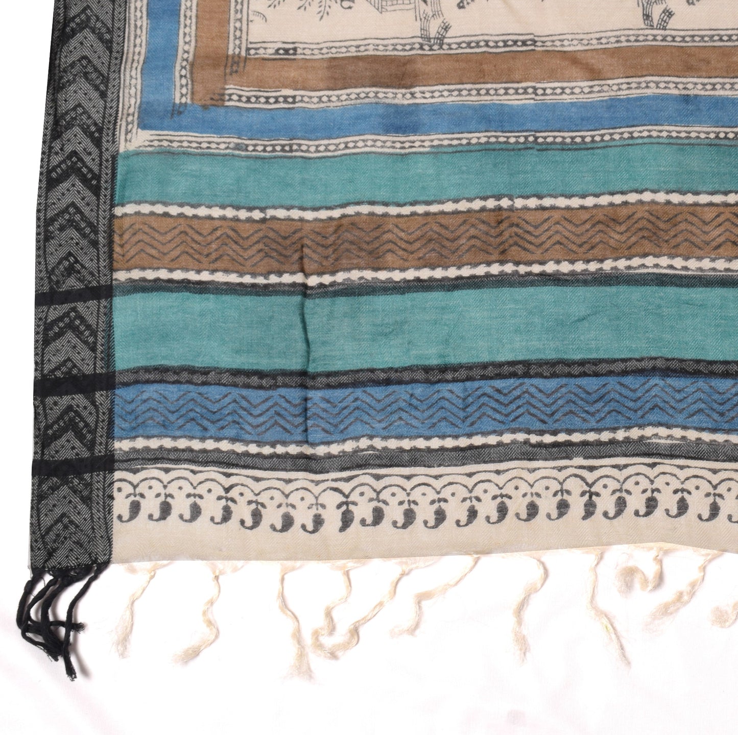 Sushila Vintage Cream Handmade Dupatta Warli Art Printed Pure Woolen Long Stole
