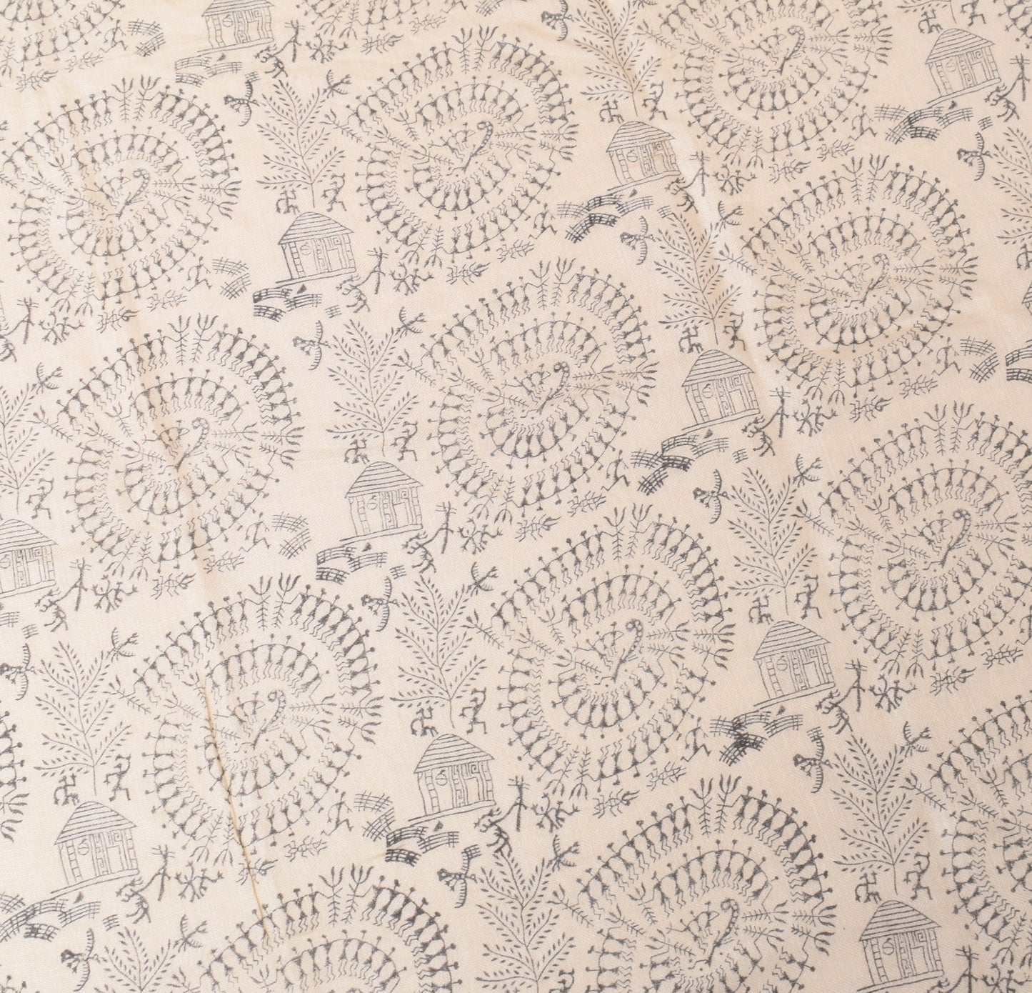 Sushila Vintage Cream Handmade Dupatta Warli Art Printed Pure Woolen Long Stole
