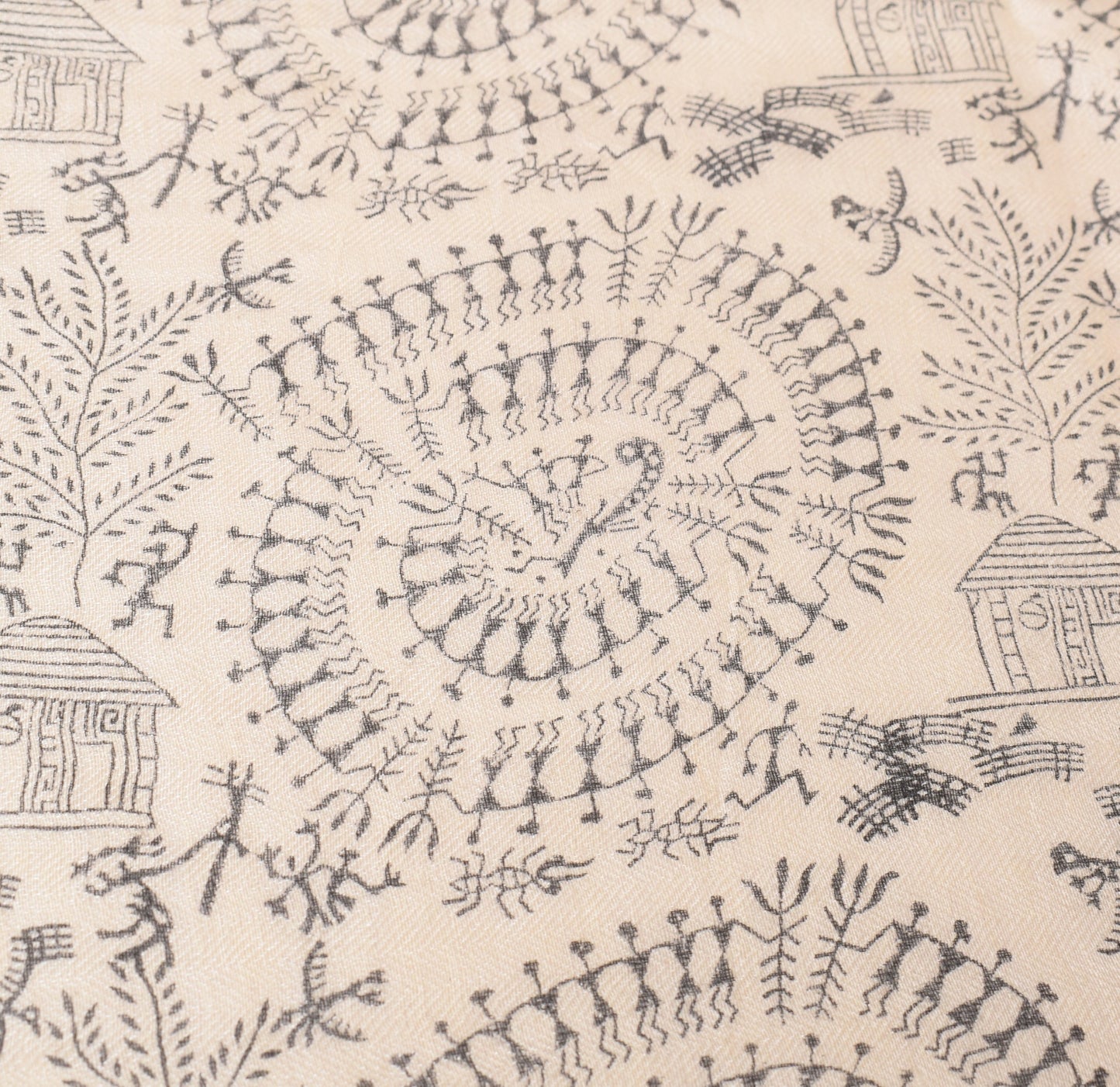 Sushila Vintage Cream Handmade Dupatta Warli Art Printed Pure Woolen Long Stole