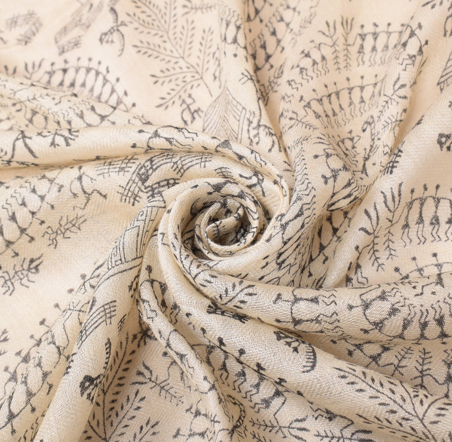Sushila Vintage Cream Handmade Dupatta Warli Art Printed Pure Woolen Long Stole
