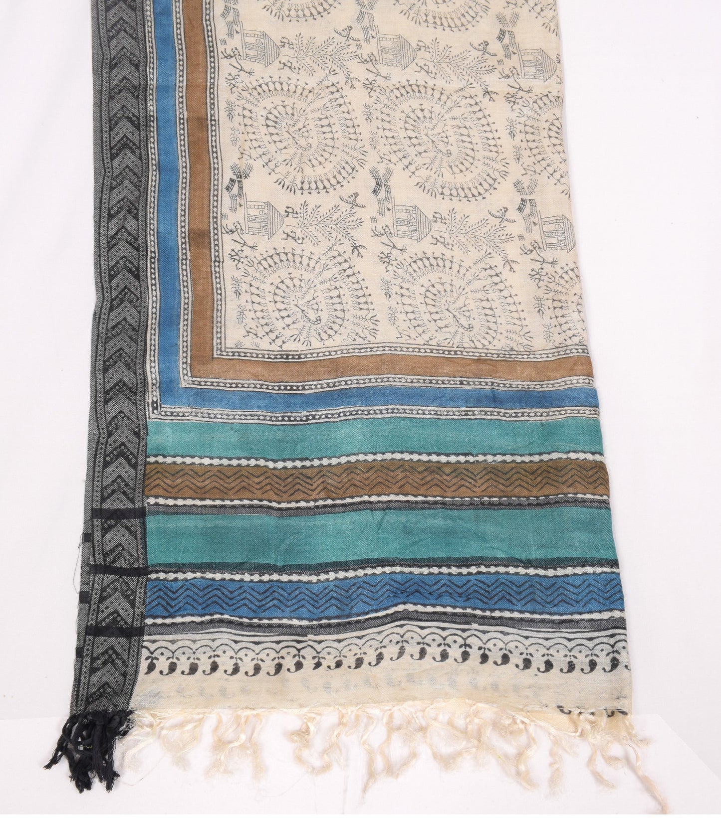Sushila Vintage Cream Handmade Dupatta Warli Art Printed Pure Woolen Long Stole