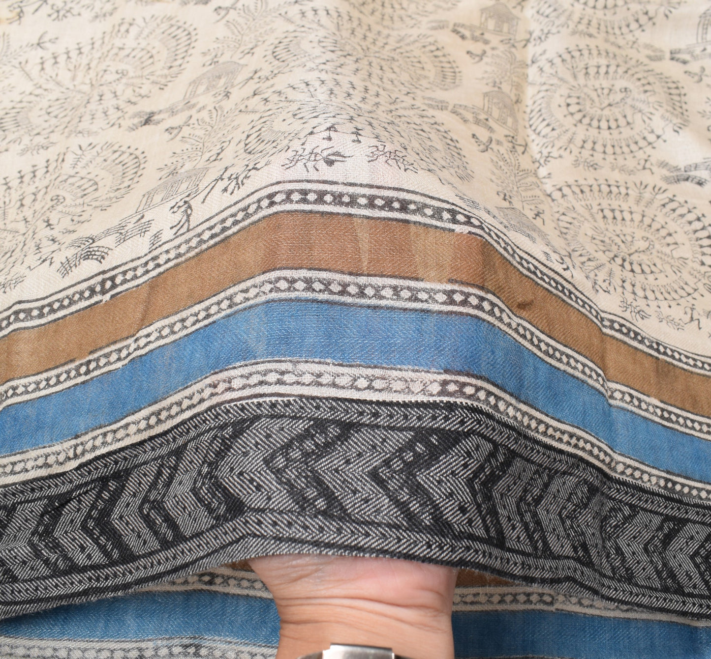 Sushila Vintage Cream Handmade Dupatta Warli Art Printed Pure Woolen Long Stole