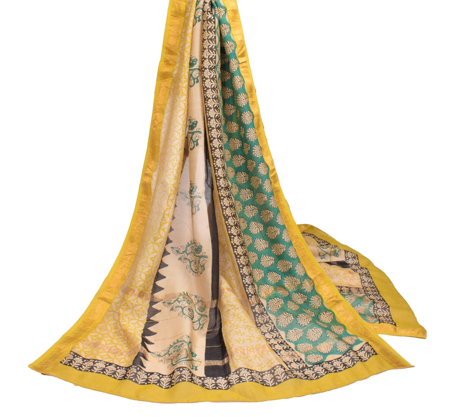 Sushila Vintage Light Brown Dupatta Floral Hand Block Printed Cotton Silk Stole