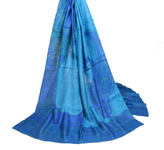 Sushila Vintage Woven Blue Dupatta Pure Woolen Paisley Printed Soft Long Stole