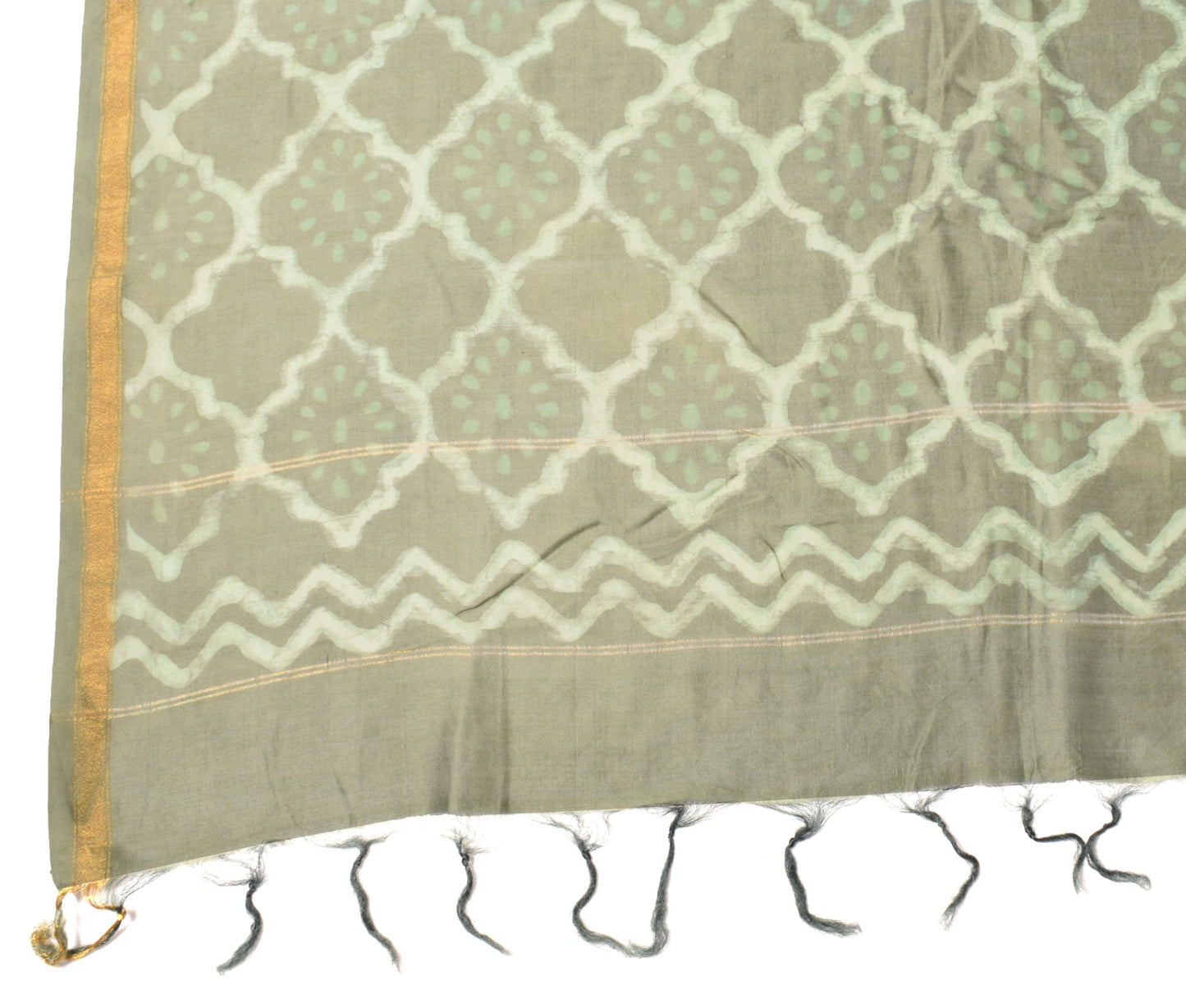 Sushila Vintage Pure Cotton Silk Dupatta Hand Printed Green Leaves Long Stole