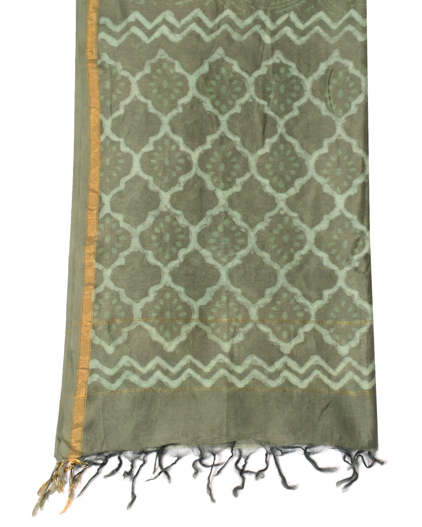 Sushila Vintage Pure Cotton Silk Dupatta Hand Printed Green Leaves Long Stole