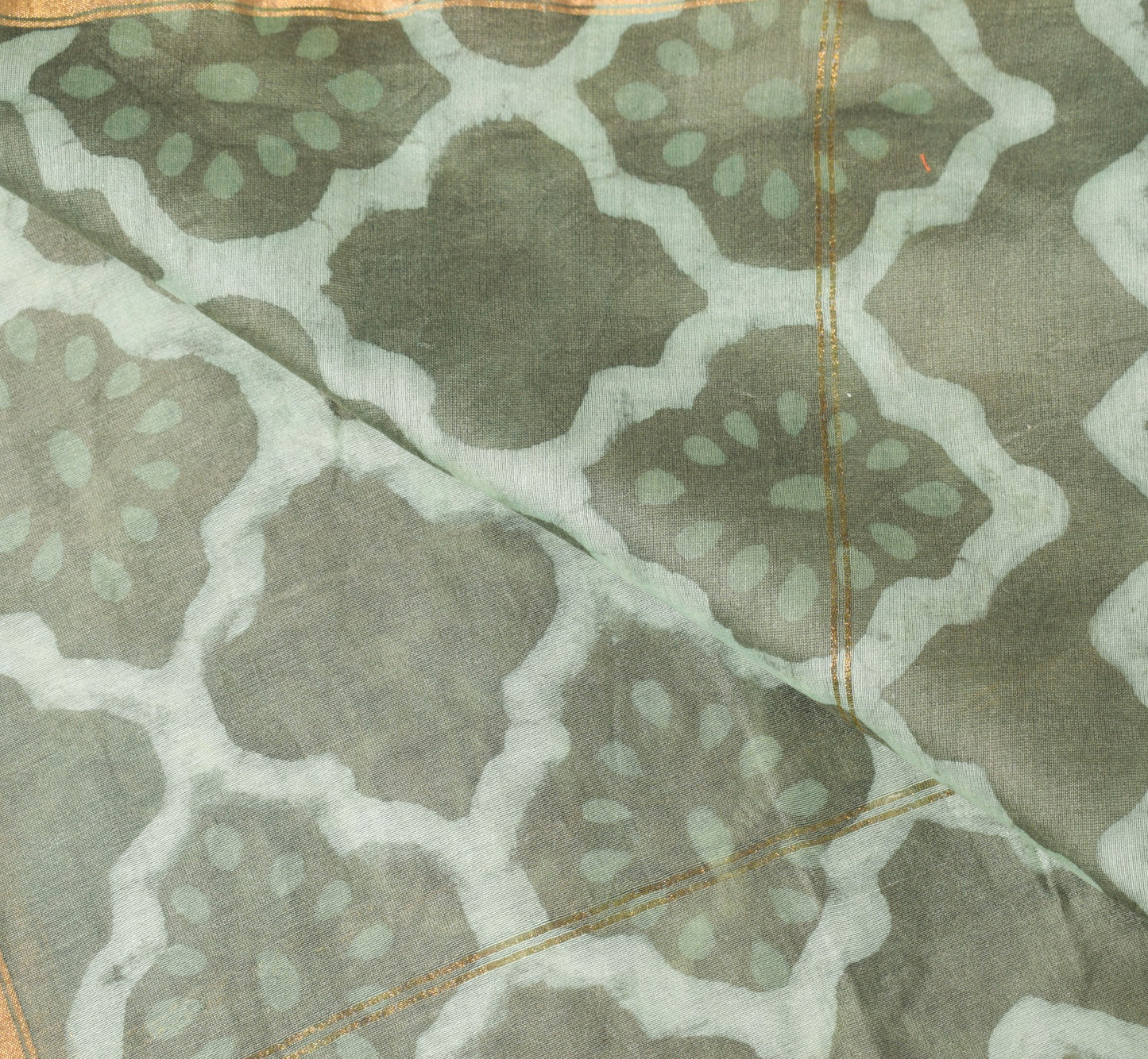 Sushila Vintage Pure Cotton Silk Dupatta Hand Printed Green Leaves Long Stole