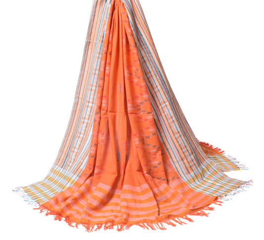 Sushila Vintage Hand Woven Ikat Dupatta Orange Pure Cotton Indian Long Stole