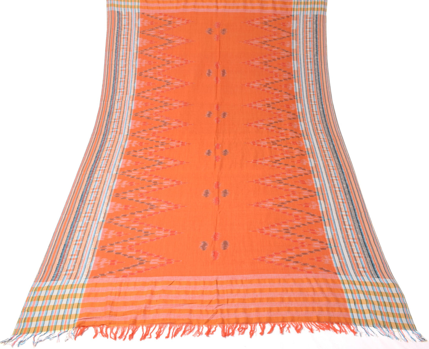 Sushila Vintage Hand Woven Ikat Dupatta Orange Pure Cotton Indian Long Stole