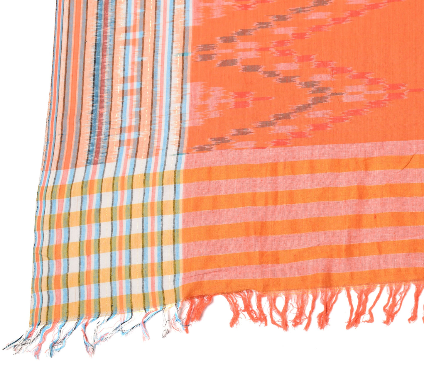 Sushila Vintage Hand Woven Ikat Dupatta Orange Pure Cotton Indian Long Stole