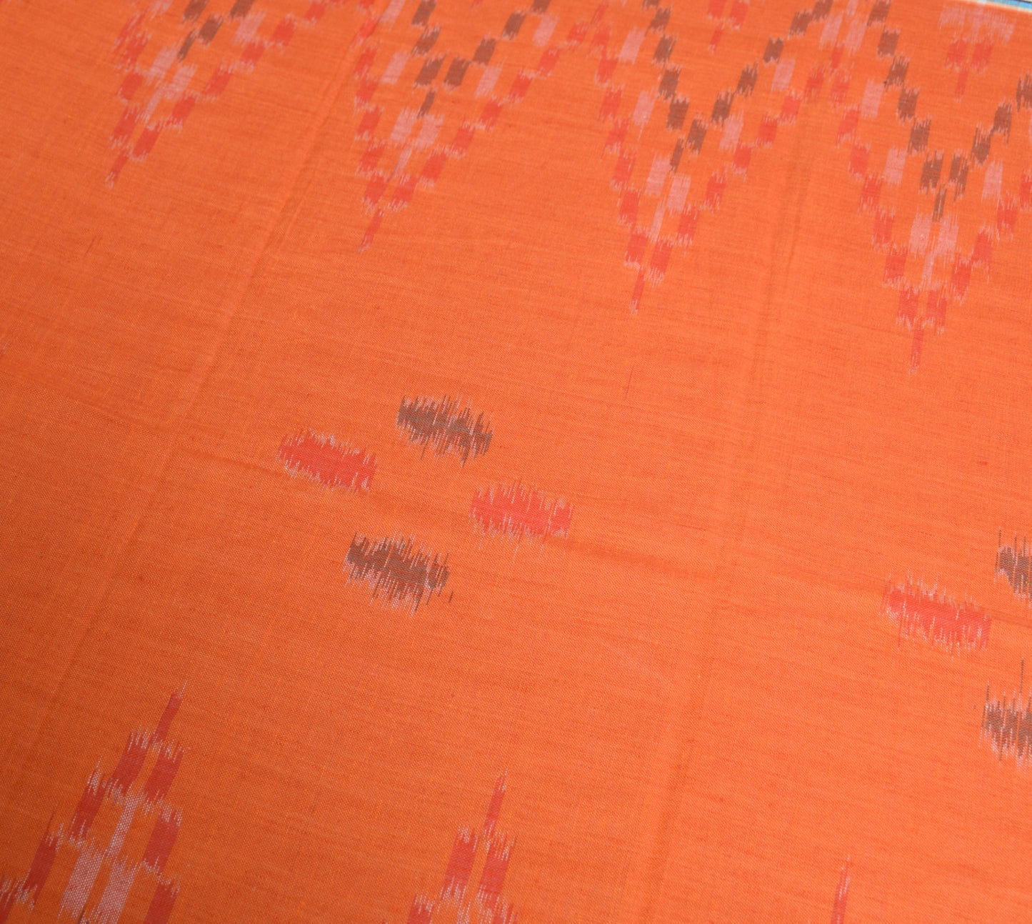 Sushila Vintage Hand Woven Ikat Dupatta Orange Pure Cotton Indian Long Stole