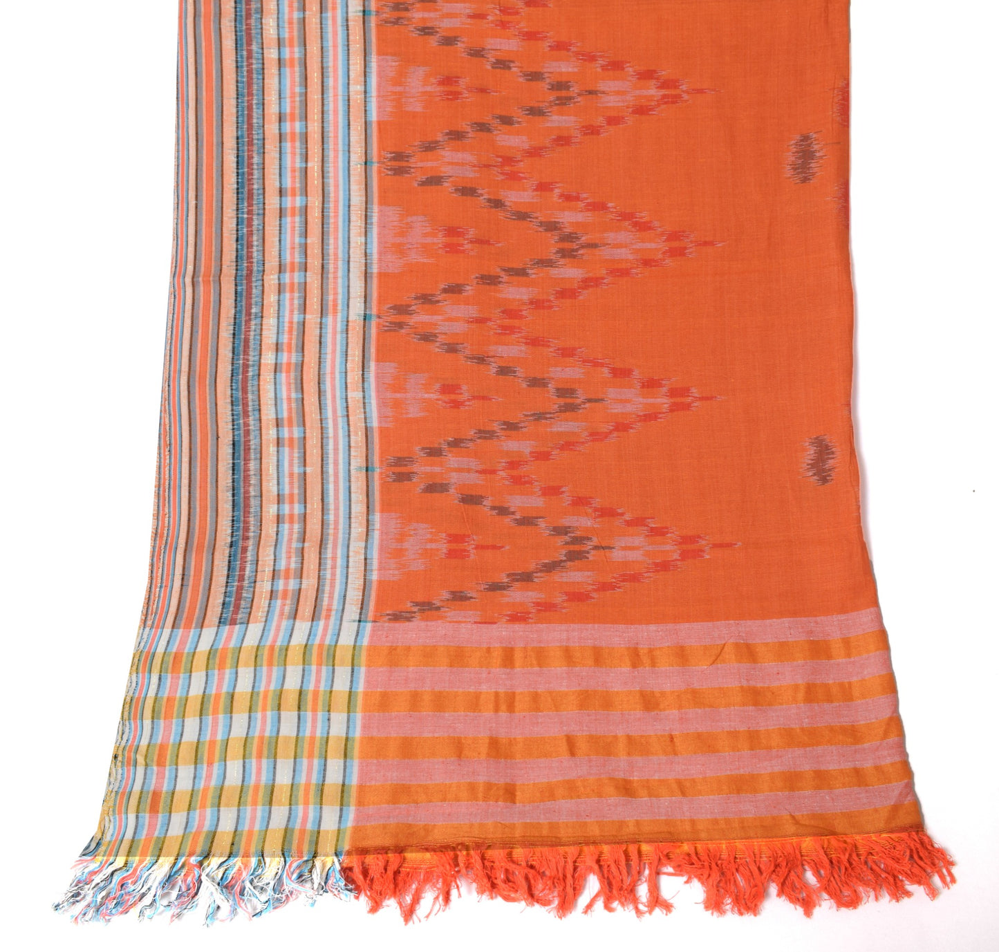 Sushila Vintage Hand Woven Ikat Dupatta Orange Pure Cotton Indian Long Stole