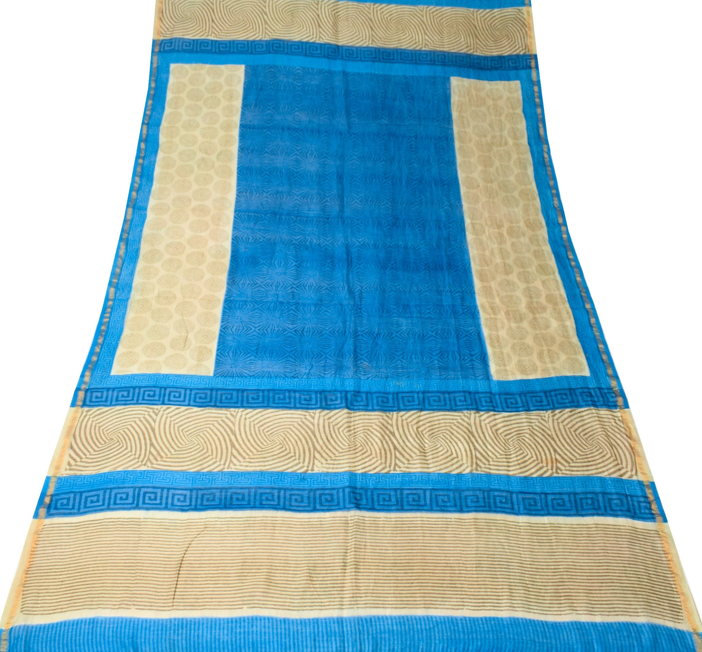 Sushila Vintage Blue Brown Dupatta Pure Cotton Silk Hand Block Print Long Stole