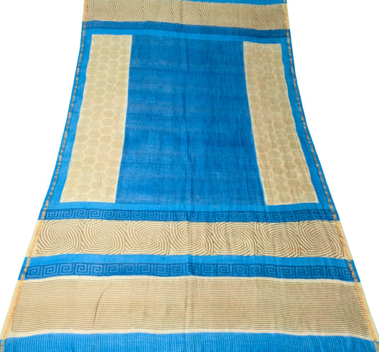 Sushila Vintage Blue Brown Dupatta Pure Cotton Silk Hand Block Print Long Stole