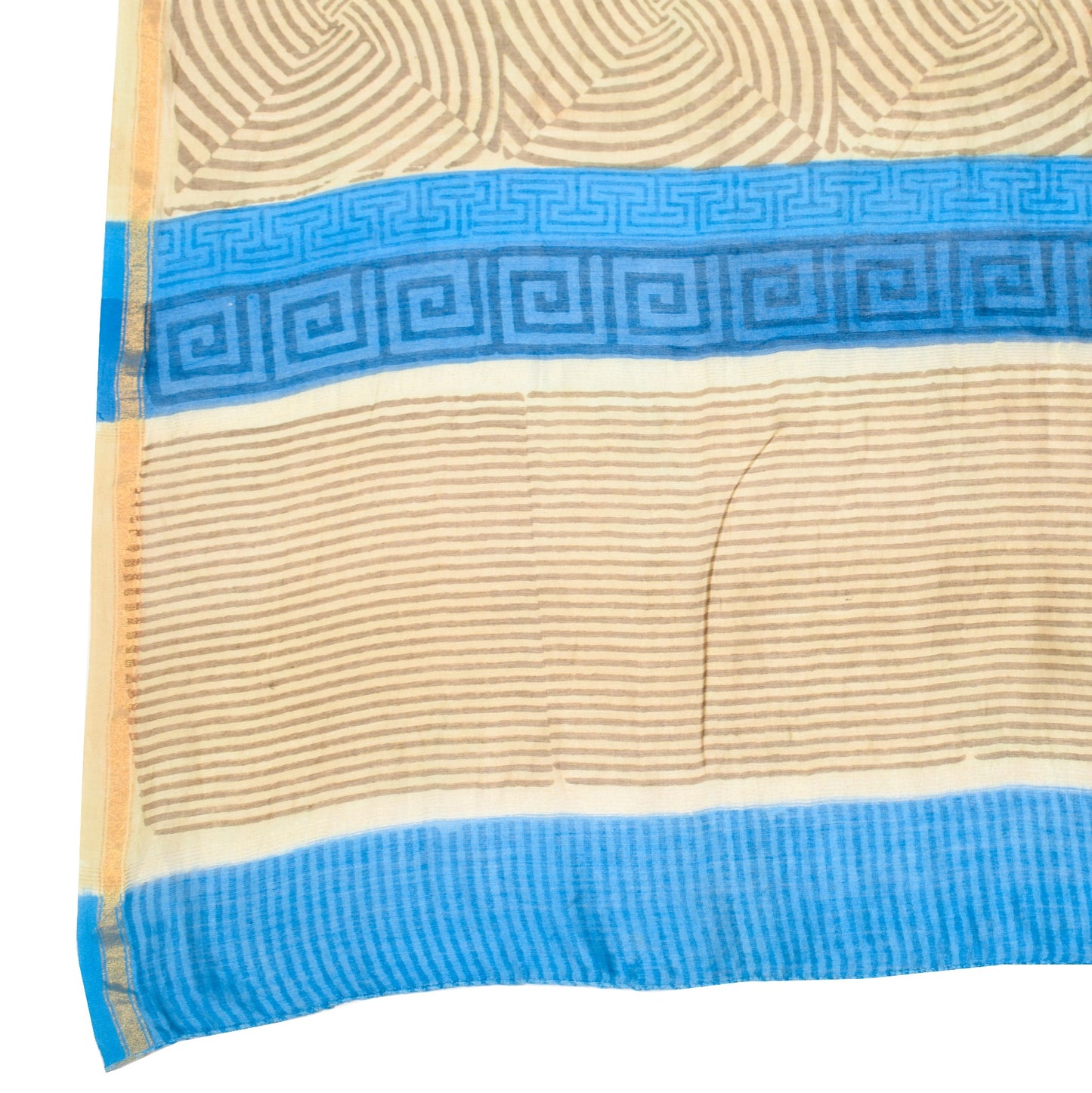 Sushila Vintage Blue Brown Dupatta Pure Cotton Silk Hand Block Print Long Stole