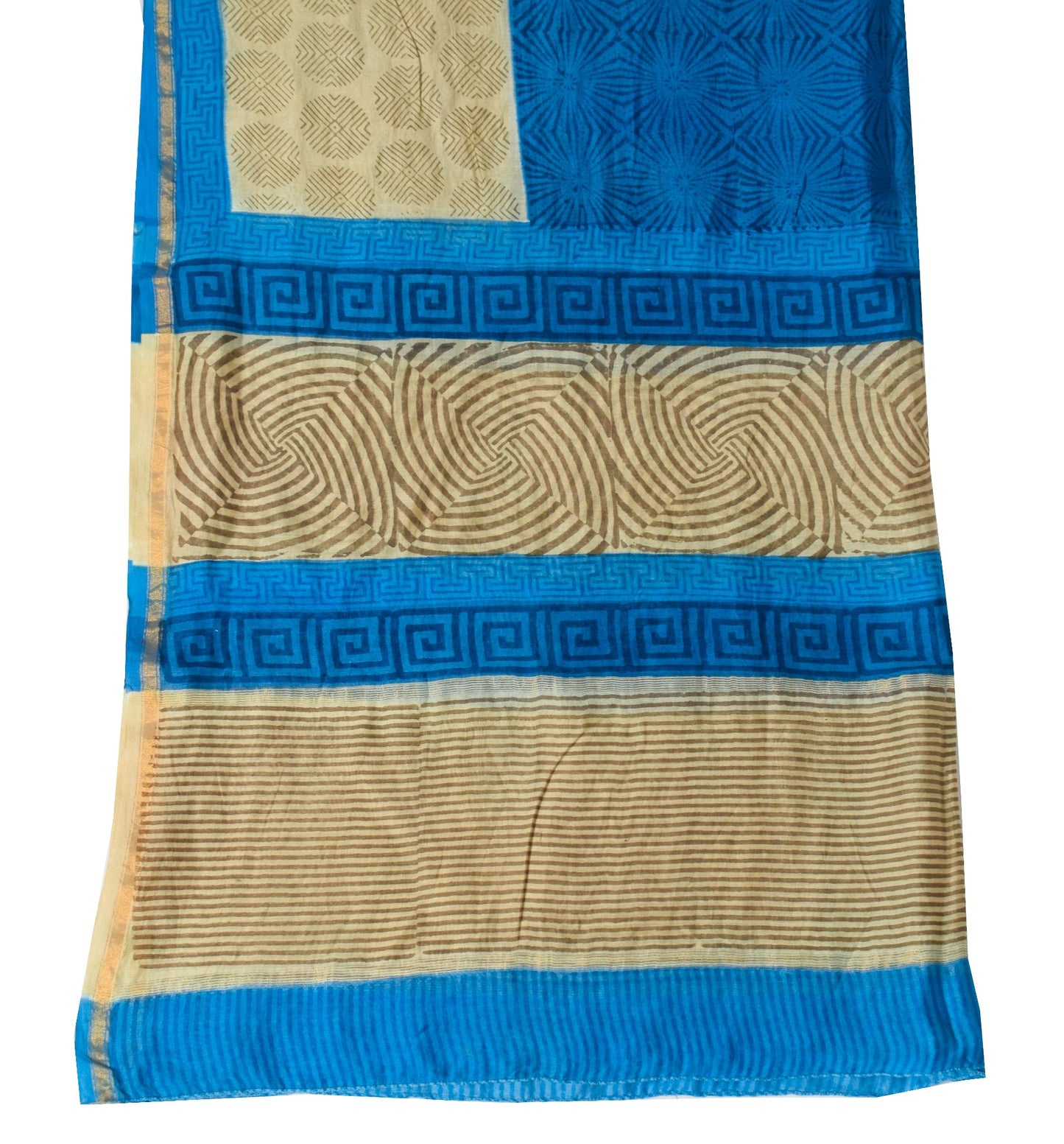 Sushila Vintage Blue Brown Dupatta Pure Cotton Silk Hand Block Print Long Stole