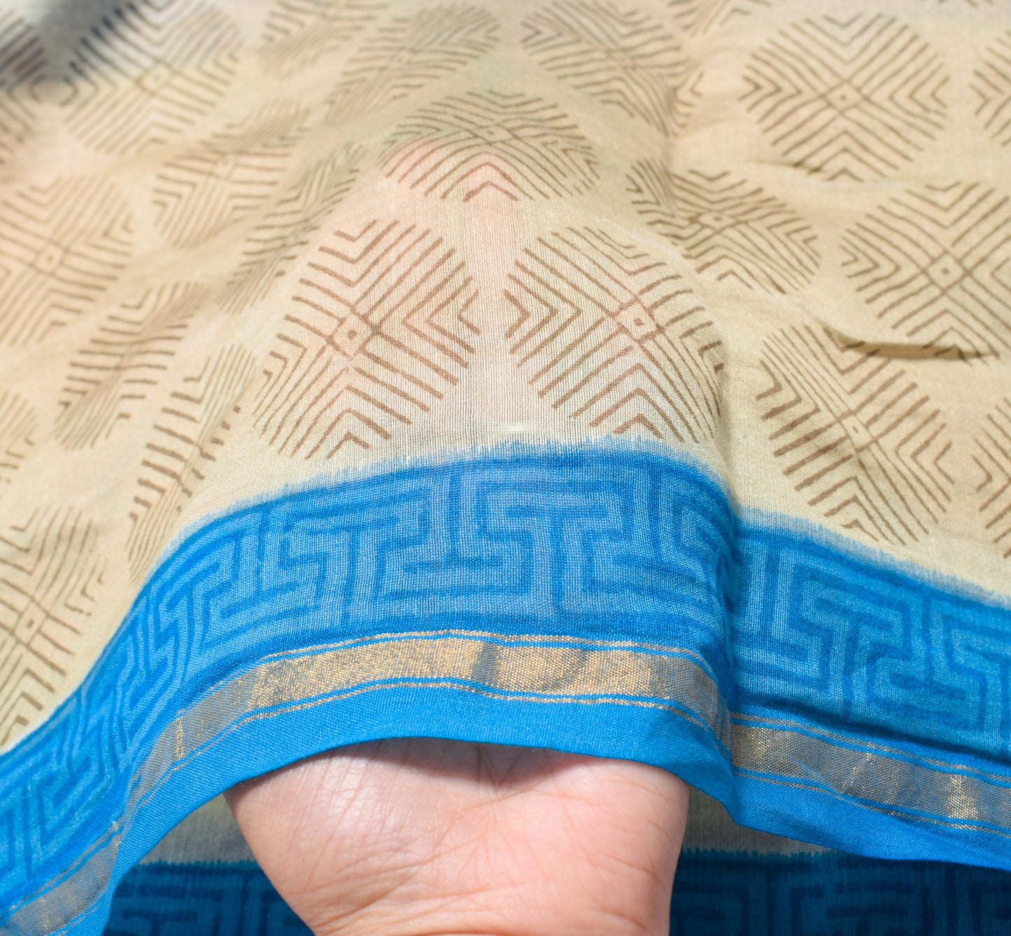 Sushila Vintage Blue Brown Dupatta Pure Cotton Silk Hand Block Print Long Stole