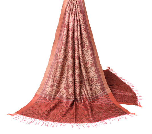 Sushila Vintage Pure Woolen Dupatta Cream Pink Dual Tone Hand Block Long Stole