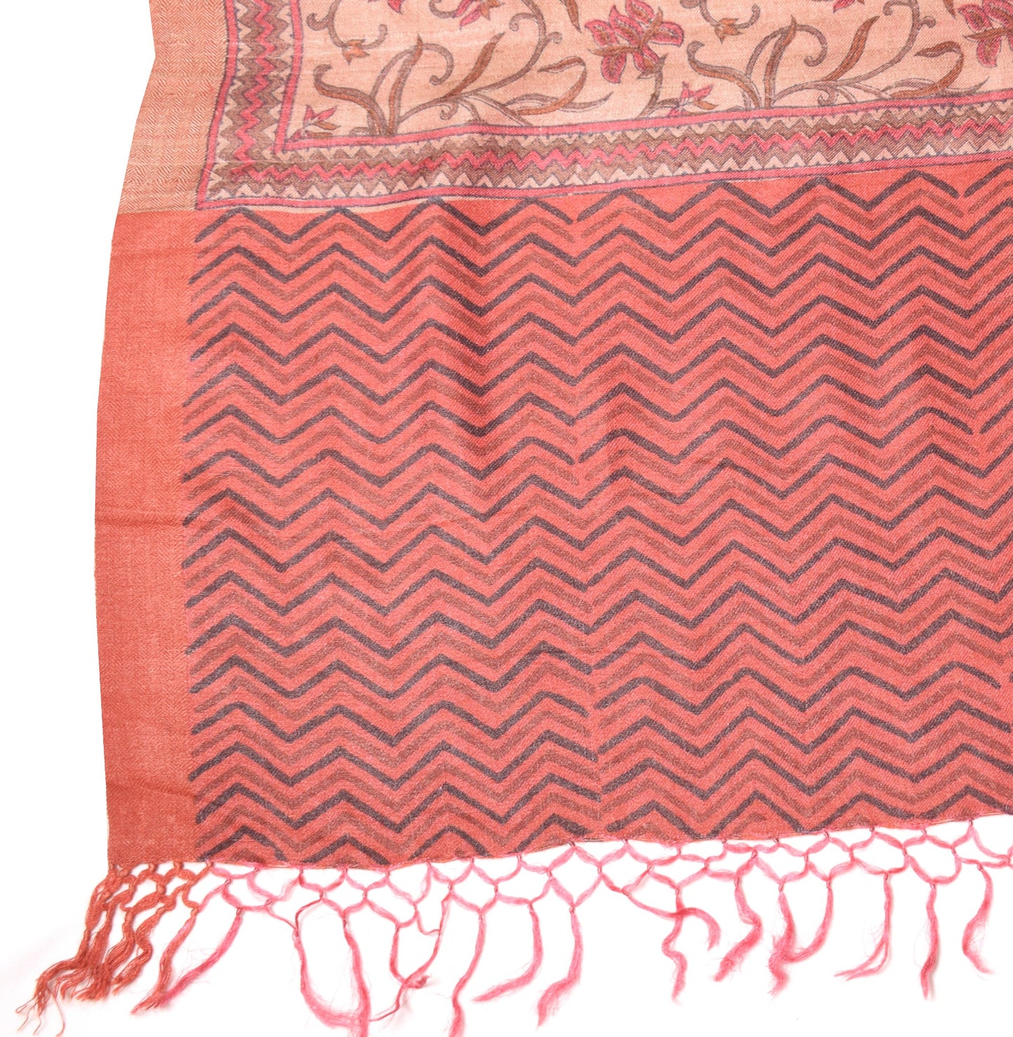 Sushila Vintage Pure Woolen Dupatta Cream Pink Dual Tone Hand Block Long Stole