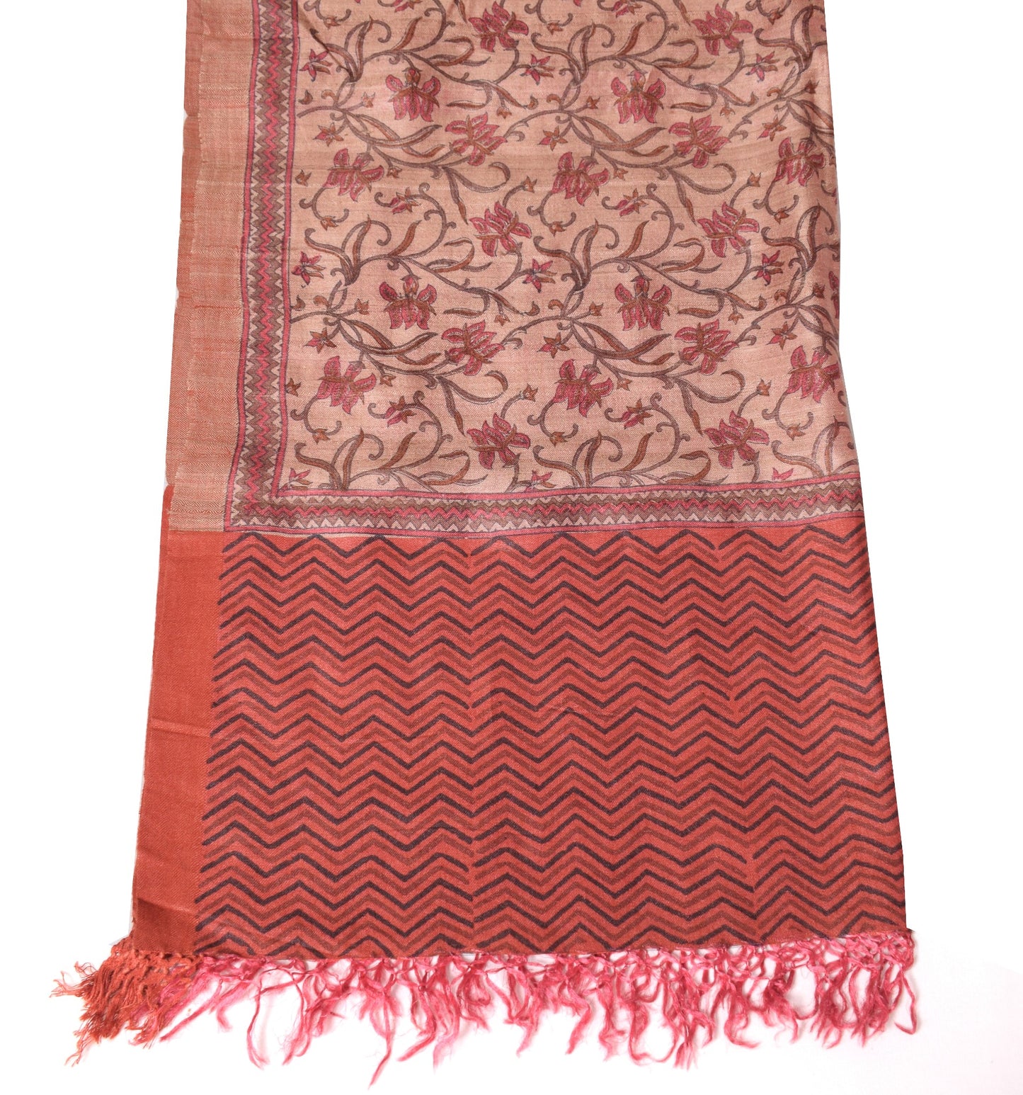 Sushila Vintage Pure Woolen Dupatta Cream Pink Dual Tone Hand Block Long Stole